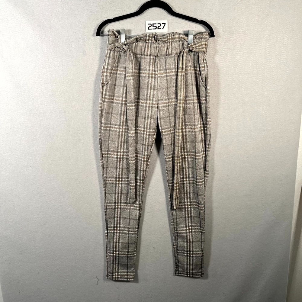 Shosho Ankle Pants Womens Medium Multicolor Plaid Stretch Tapered Leg Belted